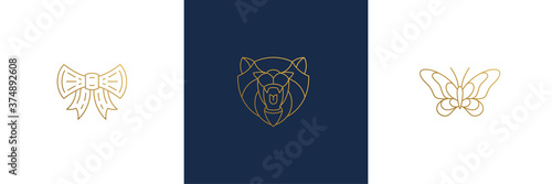 Vector line elegant decoration design elements set - bear head and butterfly illustrations minimal linear style