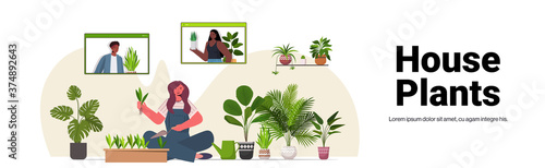 woman planting houseplants in pot housewife caring of her plants living room interior full length horizontal copy space vector illustration