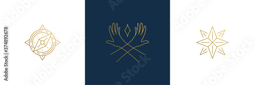 Vector line feminine decoration design elements set - star and female gesture hands illustrations minimal linear style