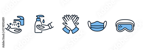 Individual protective equipment line icon sen blue color. Sanitizer, hand hygiene, gloves, goggles, medical mask