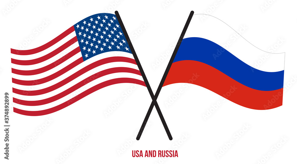 USA and Russia Flags Crossed And Waving Flat Style. Official Proportion. Correct Colors.