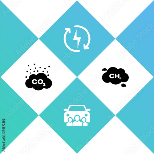 Set CO2 emissions in cloud, Car sharing, Recharging and Methane reduction icon. Vector.