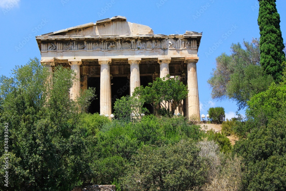 The Temple of Hephaestus or Hephaisteion at the Ancient Agora archaeological site in Athens, Greece, July 27 2020.