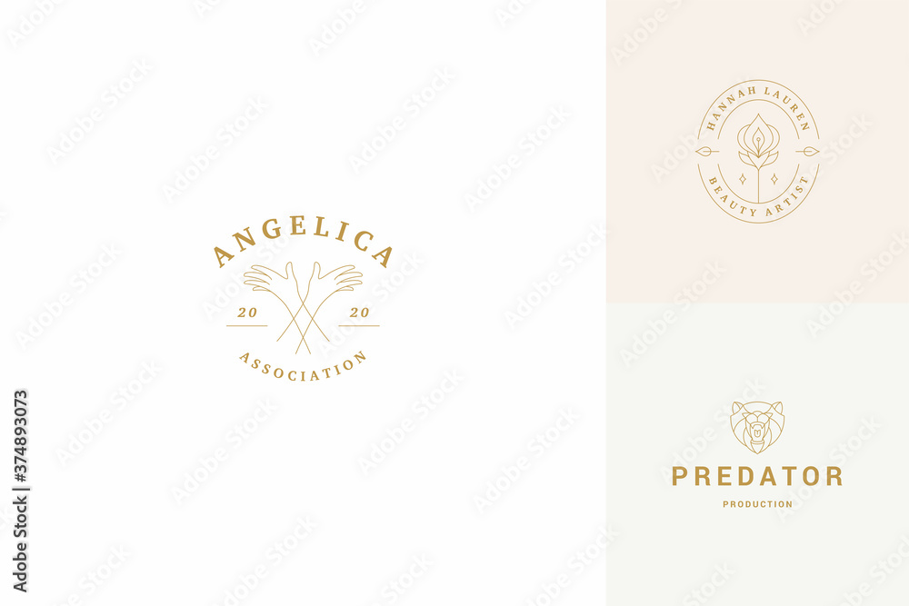 Vector line logos emblems design templates set - female gesture hands illustrations simple minimal linear style Vector line logos emblems design templates set - female gesture hands illustrations simple minimal linear style
