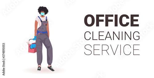 female professional office cleaner woman janitor in medical mask with cleaning equipment full length copy space horizontal vector illustration