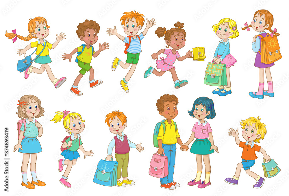 Children with school bags. Boys and girls of different ages and nationalities . In cartoon style. Isolated on white background. Children with school bags. Boys and girls of different ages and nationalities . In cartoon style. Isolated on white background.