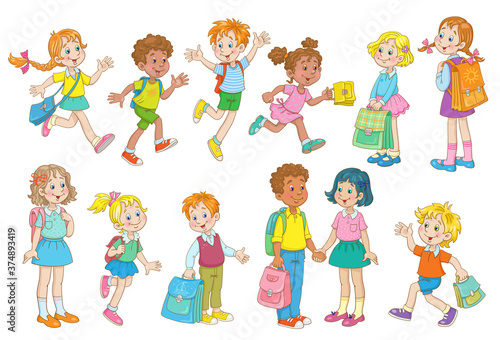 Children with school bags. Boys and girls of different ages and nationalities . In cartoon style. Isolated on white background.
