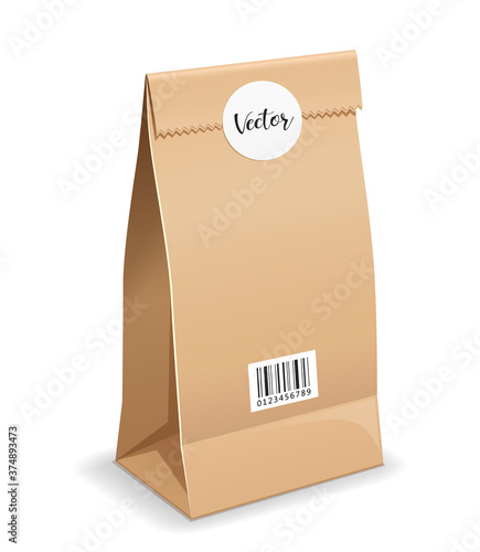 Brown paper bag folded, mouth bag there are circle stickers and barcodes, template design, isolated on white background Eps 10 vector illustration