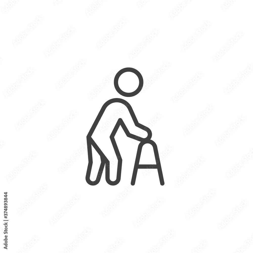 Elderly man with paddle walker line icon. linear style sign for mobile concept and web design. Disabled man with walker outline vector icon. Symbol, logo illustration. Vector graphics Elderly man with paddle walker line icon. linear style sign for mobile concept and web design. Disabled man with walker outline vector icon. Symbol, logo illustration. Vector graphics