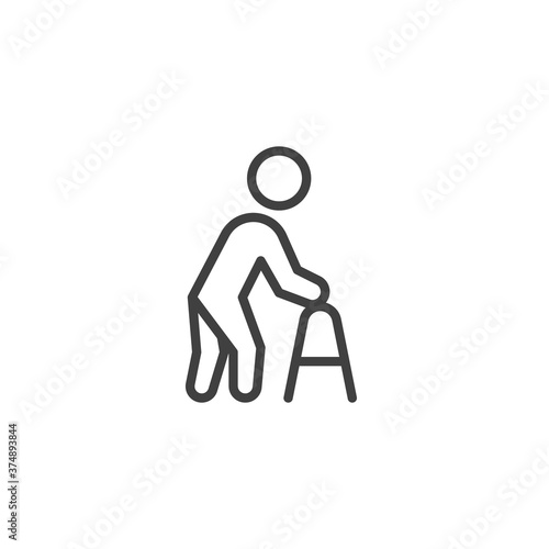 Elderly man with paddle walker line icon. linear style sign for mobile concept and web design. Disabled man with walker outline vector icon. Symbol, logo illustration. Vector graphics