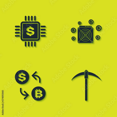 Set Processor chip with dollar, Pickaxe, Cryptocurrency exchange and ASIC Miner icon. Vector.