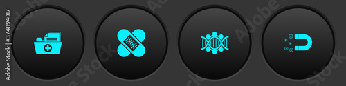 Set Health record folder, Crossed bandage plaster, Genetic engineering and Magnet with money icon. Vector.