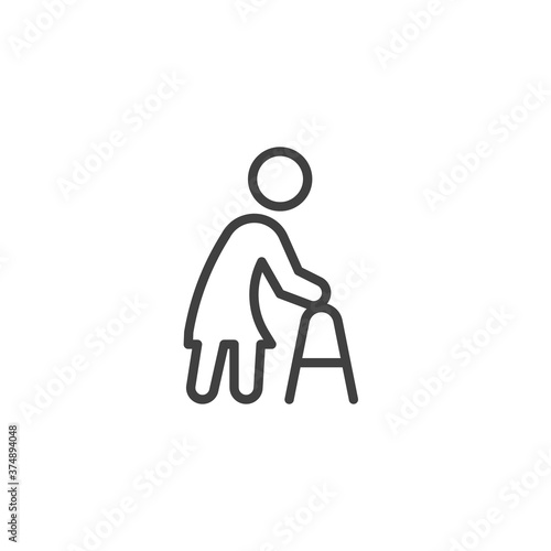 Elderly woman with paddle walker line icon. linear style sign for mobile concept and web design. Disabled woman with walker outline vector icon. Symbol, logo illustration. Vector graphics