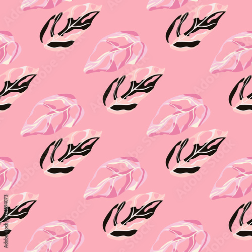 Minimalistic monsera silhouettes seamless pattern. Pink background. Stylized tropical artwork. photo