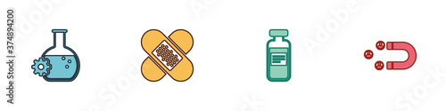 Set Bioengineering, Crossed bandage plaster, Medical vial, ampoule and Customer attracting icon. Vector.