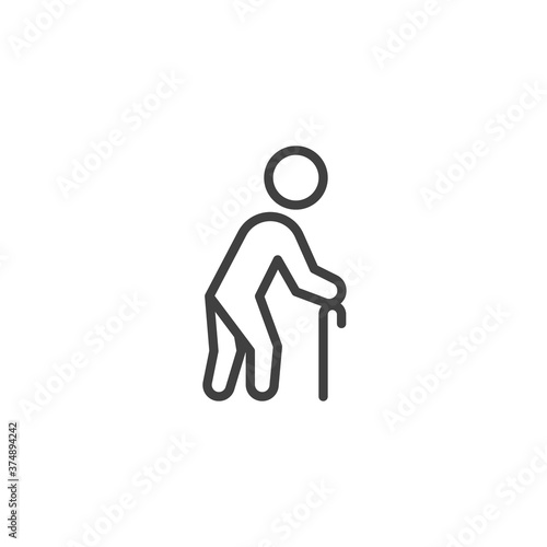 Person with stick line icon. linear style sign for mobile concept and web design. Elderly man with stick outline vector icon. Symbol, logo illustration. Vector graphics