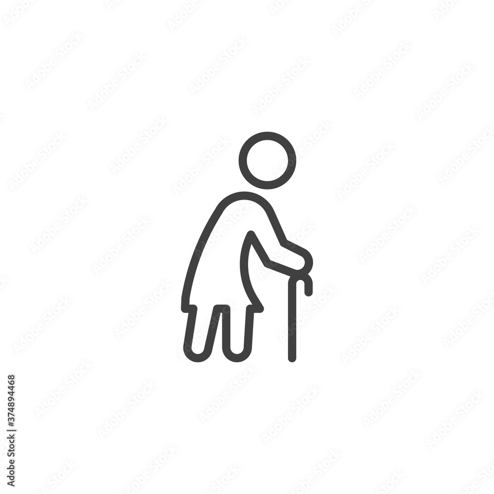 Old woman with stick line icon. linear style sign for mobile concept and web design. Elderly woman with stick outline vector icon. Symbol, logo illustration. Vector graphics Old woman with stick line icon. linear style sign for mobile concept and web design. Elderly woman with stick outline vector icon. Symbol, logo illustration. Vector graphics