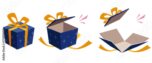 Open the gift box with blue star pattern. On white background. Concept of shopping, sale, gift, birthday, surprise, etc. Vector illustration in flat cartoon style.