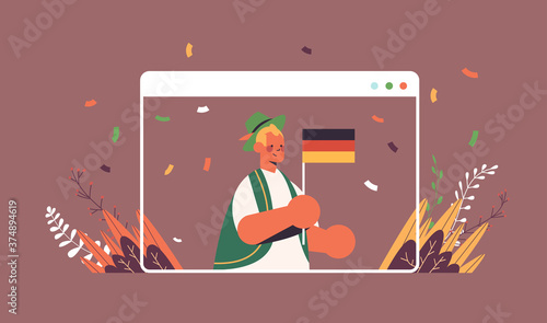 guy holding Germany flag Oktoberfest party celebration concept man in traditional clothes having fun web browser window portrait horizontal vector illustration