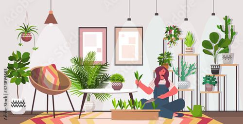 woman planting houseplants in pot housewife caring of her plants living room interior full length horizontal vector illustration