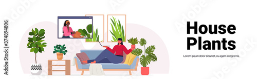 woman taking care of houseplants housewife discussing with friend in web browser window during video call full length horizontal copy space vector illustration