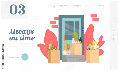 Landing Page Template. Food Delivery Concept. Paper Bags with Grocery, Cooked Products Stand at Home Door. Online Order