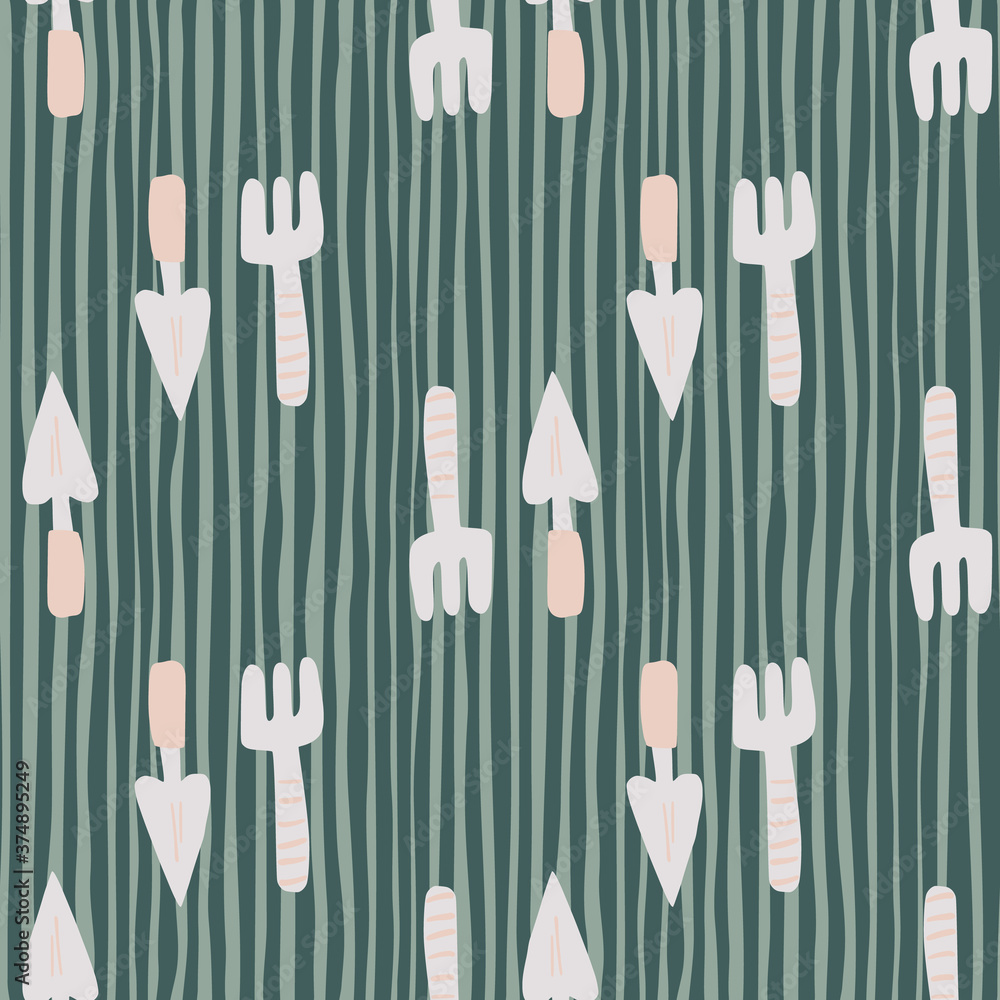 Simple seamless pattern with grey garden tool silhouettes. Green stripped background. Shovel and rake ornament.