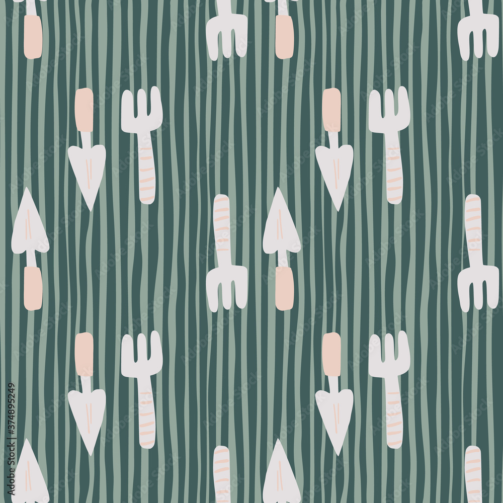 Simple seamless pattern with grey garden tool silhouettes. Green stripped background. Shovel and rake ornament. Simple seamless pattern with grey garden tool silhouettes. Green stripped background. Shovel and rake ornament.
