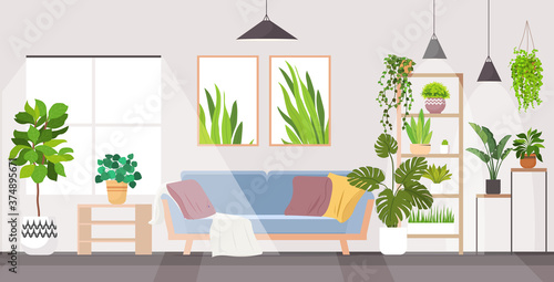 modern living room interior home apartment with houseplants horizontal vector illustration