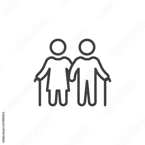 Elderly couple with walking stick line icon. linear style sign for mobile concept and web design. Old senior man and woman outline vector icon. Symbol, logo illustration. Vector graphics