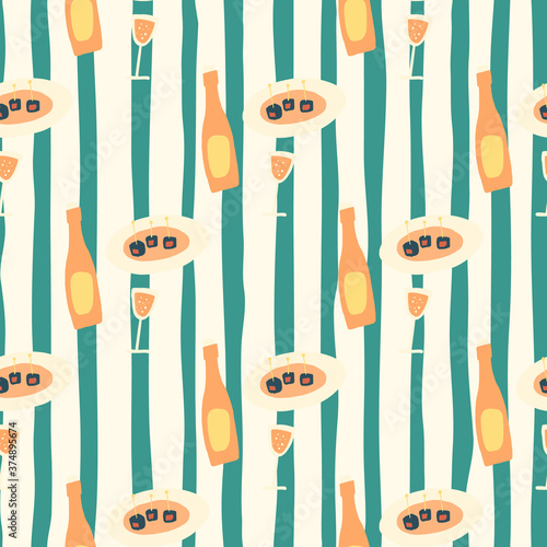 Bright dinner simple seamless pattern. Bottle of wine and dish elements in orange tones on white and turquoise stripped background.