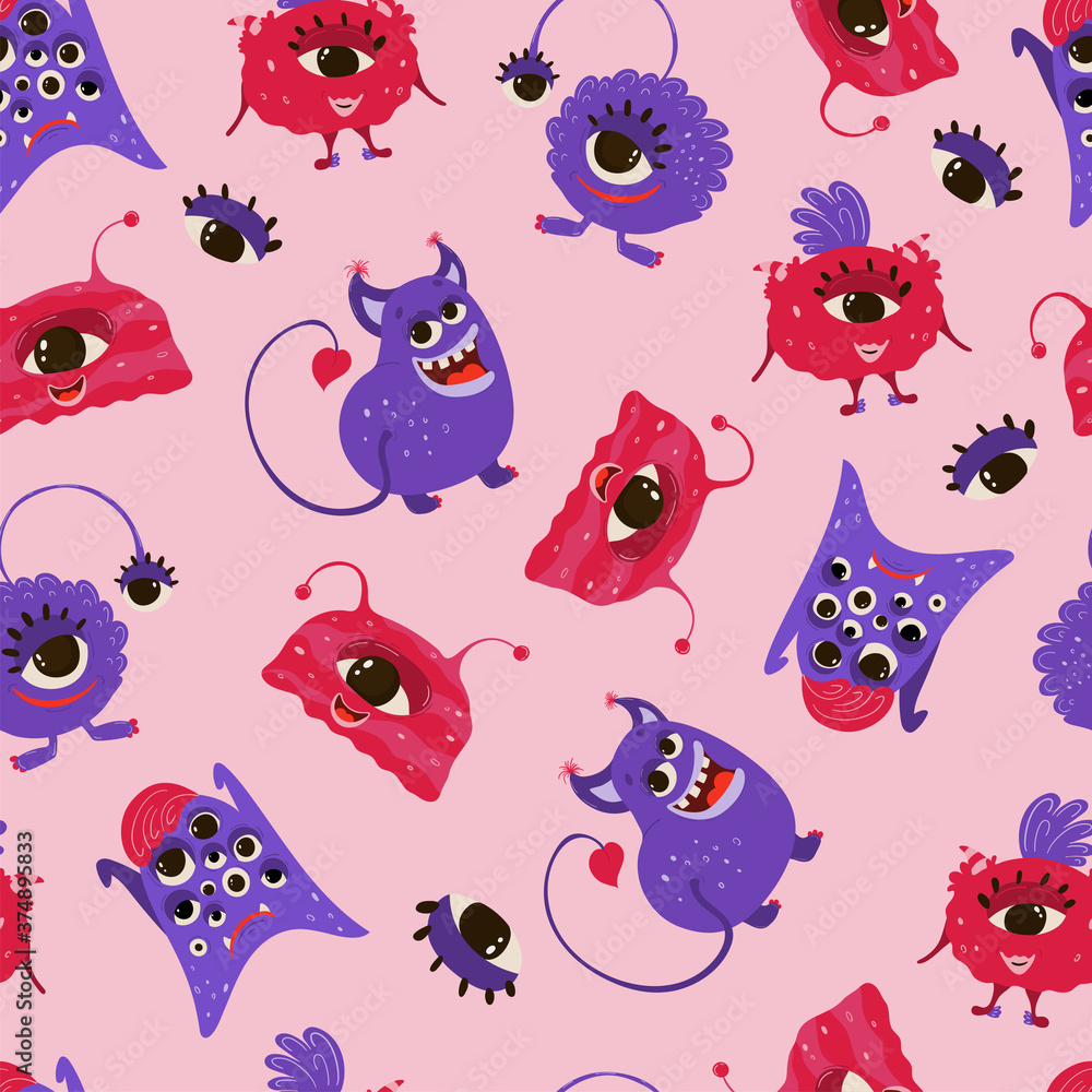 Seamless pattern with funny monsters in cartoon style. Children's background with cute characters for fabric design, Wallpaper, wrapping paper. Vector Seamless pattern with funny monsters in cartoon style. Children's background with cute characters for fabric design, Wallpaper, wrapping paper. Vector