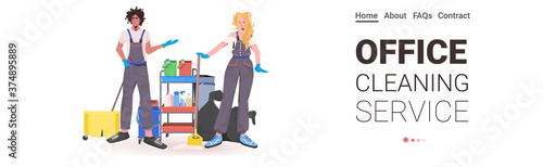 professional office cleaners mix race man woman janitors in uniform with cleaning equipment standing together full length copy space horizontal vector illustration