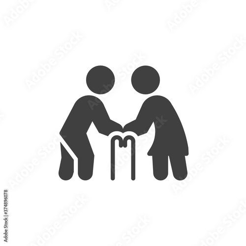 Old senior man and woman vector icon. filled flat sign for mobile concept and web design. Elderly couple with walking stick glyph icon. Symbol, logo illustration. Vector graphics