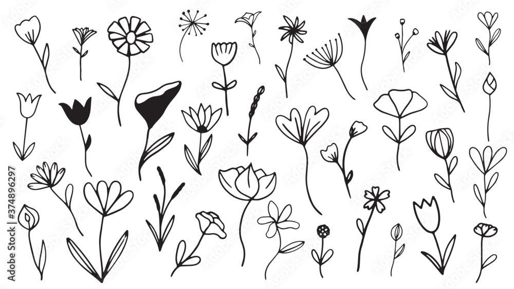Set of simple doodles of flowers and twigs, Hand sketched vector vintage  elements leaves, flowers Stock Vector | Adobe Stock
