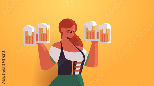 girl waitress holding beer mugs Oktoberfest party celebration concept woman in german traditional clothes having fun portrait horizontal vector illustration