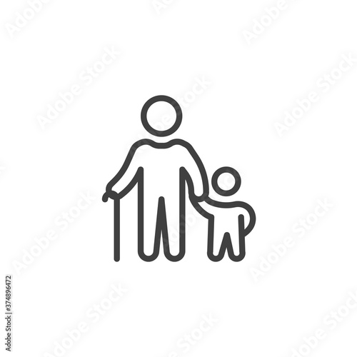 Senior person and child line icon. linear style sign for mobile concept and web design. Grandpa with grandchild together outline vector icon. Symbol, logo illustration. Vector graphics