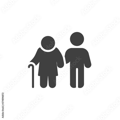 Disabled person and volunteer vector icon. filled flat sign for mobile concept and web design. Volunteer man caring for elderly woman glyph icon. Symbol, logo illustration. Vector graphics