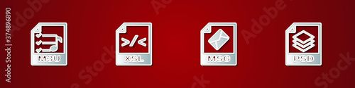 Set M3U file document, XSL, MSG and PSD icon. Vector.