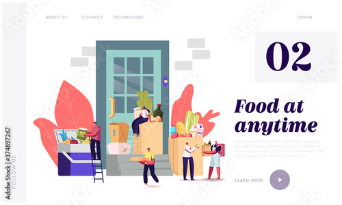 Food Delivery Landing Page Template. Couriers Characters Stand at Door with Paper Bags with Grocery Products, Shipping