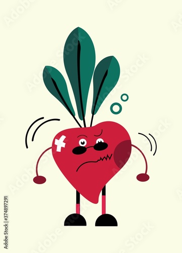 Angry face of red beet in cartoon style.
