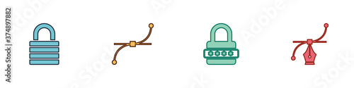 Set Lock, Bezier curve, Password protection and icon. Vector.