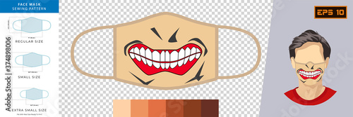 Vector Graphic of funny masks with emotion expression in mask design. Face mask sewing pattern front view concept with real size ready to print. Face mask design with human skin tone color. eps10.