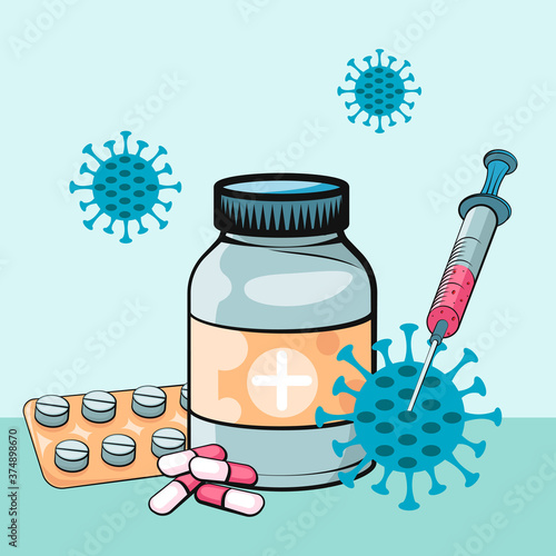 Coronavirus vaccination. Vaccine. Ampoule, Syringe with vaccine. Vector illustration. Flat cartoon. Banner. 