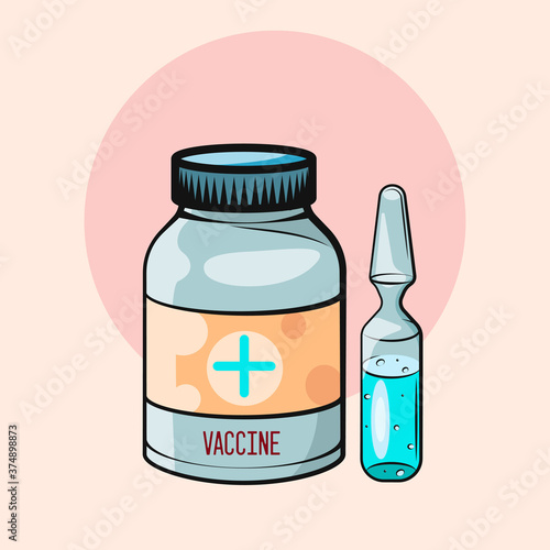 Vaccination concept. Vaccine. Ampoule, Syringe with vaccine. Vector illustration. Flat cartoon. 