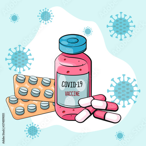 Coronavirus vaccination concept. Vaccine. Ampule, Syringe with vaccine. Vector illustration. Flat cartoon. Banner. 