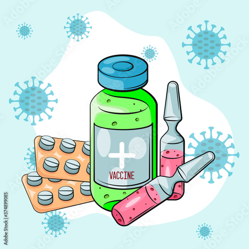 Vaccination concept. Vaccine. Ampoule, Syringe with vaccine. Vector illustration. Flat cartoon. 