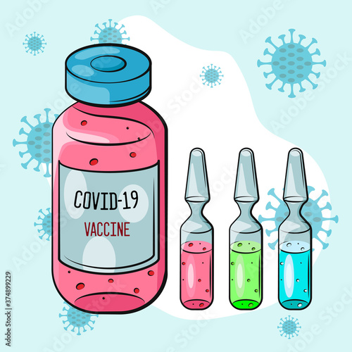Coronavirus vaccination concept. Vaccine. Ampule, Syringe with vaccine. Vector illustration. Flat cartoon. Banner. 