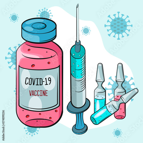 Coronavirus vaccination concept. Vaccine. Ampule, Syringe with vaccine. Vector illustration. Flat cartoon. Banner. 
