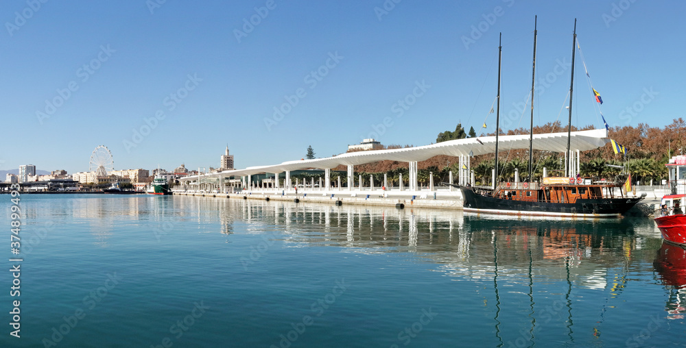 Malaga, Spain: Muelle one and two, the beautifully restored central harbour piers in the centre of town on a bright winter day